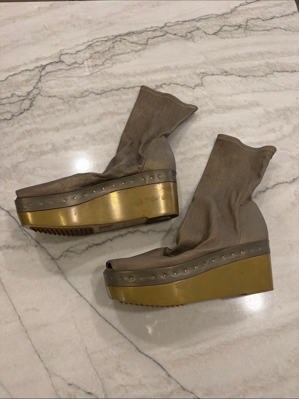 Rick Owens Taupe Sock Platform Wedge Boots with Brass Platform SZ 37